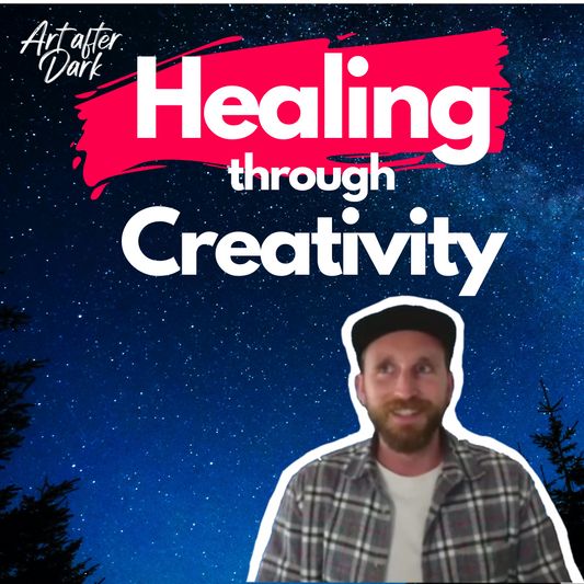 Adam Holmes in a forest text saying healing through creativity