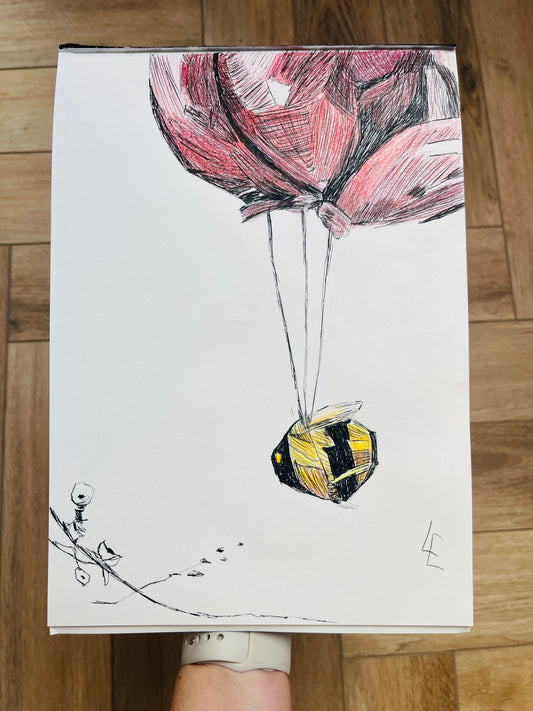 Drawing of a bee held up by balloons